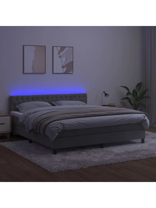 Box spring postel s matrací a LED světle šedá 160x200 cm samet