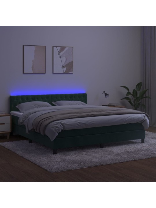 Box spring postel s matrací a led tmavě zelená 180x200 cm samet