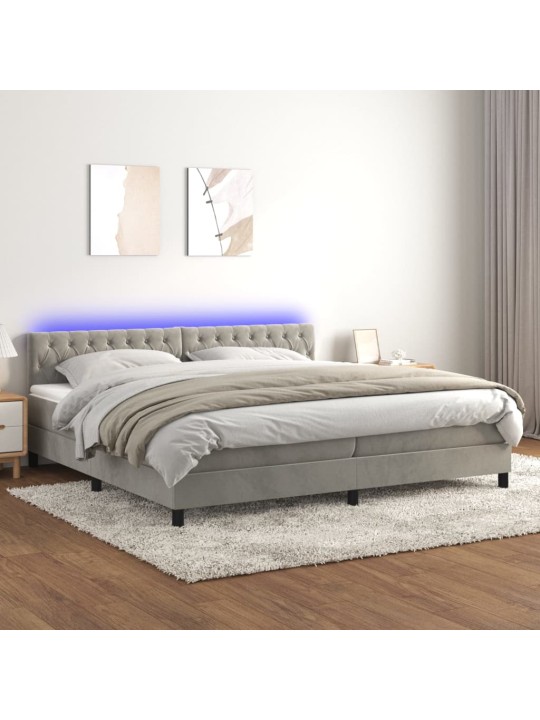 Box spring postel s matrací a LED světle šedá 200x200 cm samet