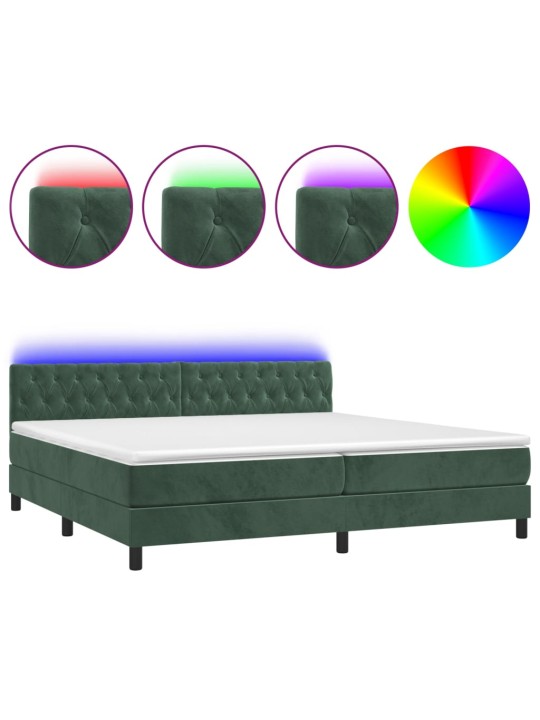 Box spring postel s matrací a LED tmavě zelená 200x200 cm samet