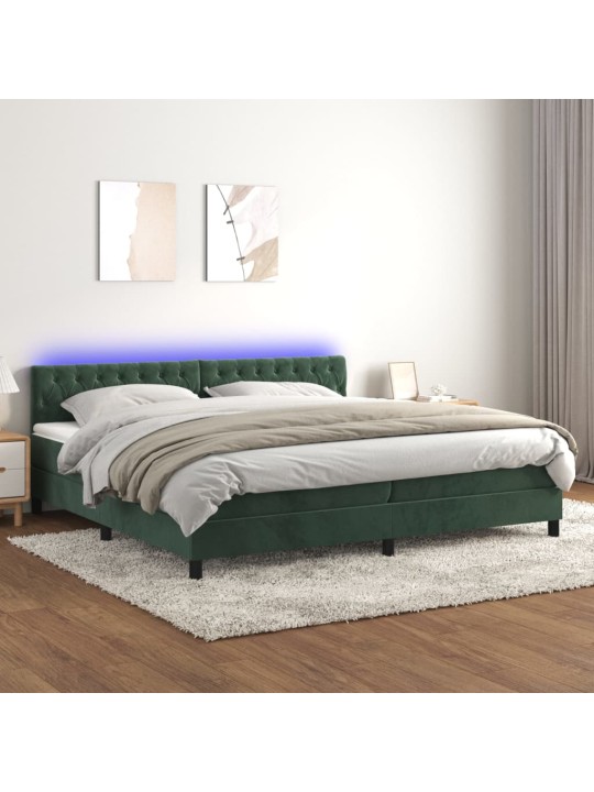Box spring postel s matrací a LED tmavě zelená 200x200 cm samet