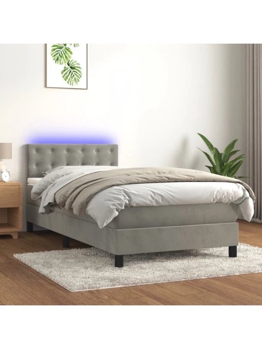 Box spring postel s matrací a LED světle šedá 90x200 cm samet
