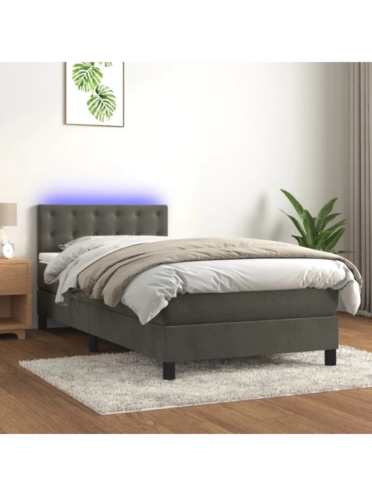 Box spring postel s matrací a LED tmavě šedá 90x200 cm samet