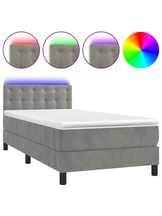 Box spring postel s matrací a LED světle šedá 100x200 cm samet