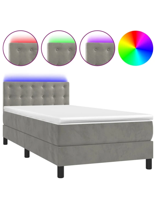 Box spring postel s matrací a LED světle šedá 100x200 cm samet