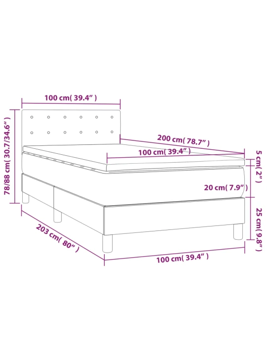 Box spring postel s matrací a LED světle šedá 100x200 cm samet