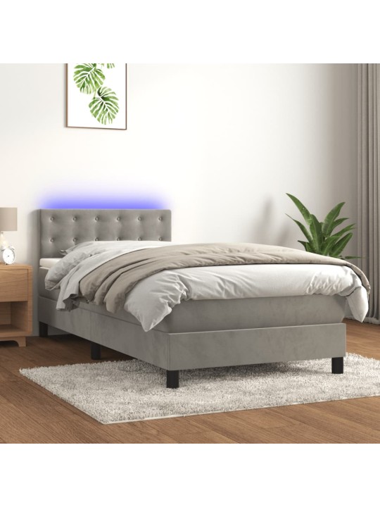 Box spring postel s matrací a LED světle šedá 100x200 cm samet