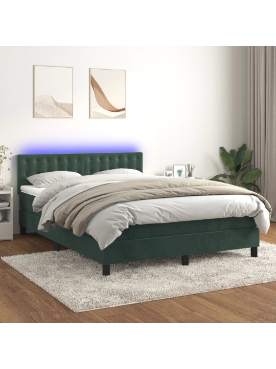 Box spring postel s matrací a led tmavě zelená 140x190 cm samet