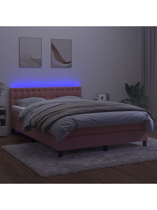 Box spring postel s matrací a LED růžová 140x190 cm samet