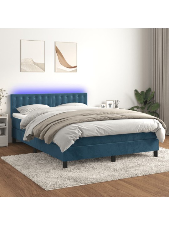 Box spring postel s matrací a LED tmavě modrá 140x200 cm samet