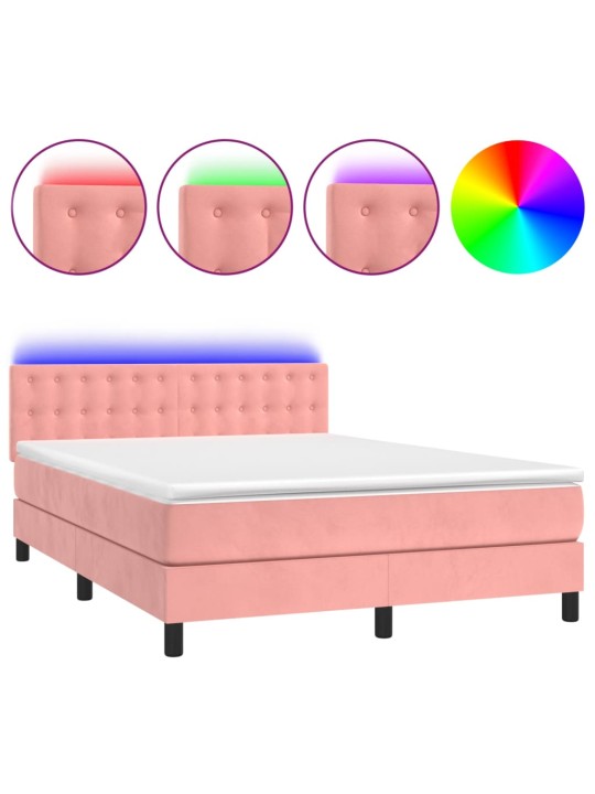 Box spring postel s matrací a LED růžová 140x200 cm samet