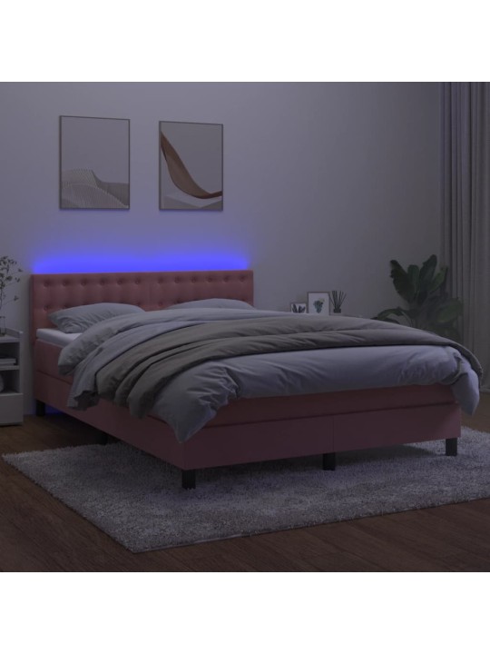 Box spring postel s matrací a LED růžová 140x200 cm samet