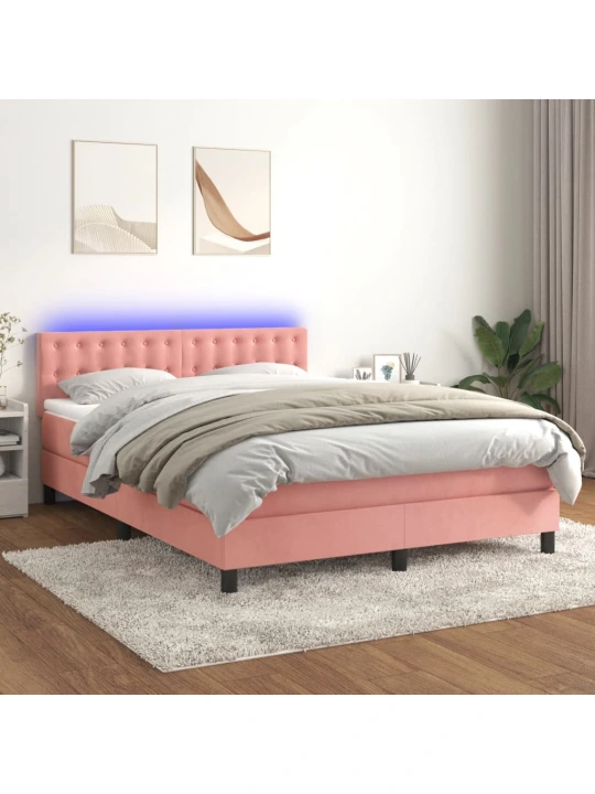 Box spring postel s matrací a LED růžová 140x200 cm samet