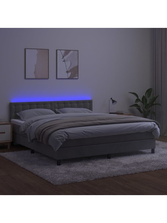 Box spring postel s matrací a LED světle šedá 160x200 cm samet