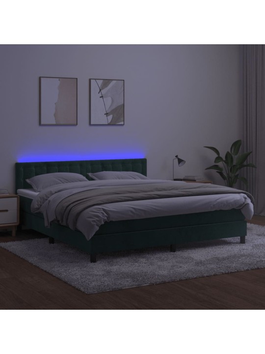Box spring postel s matrací a led tmavě zelená 160x200 cm samet
