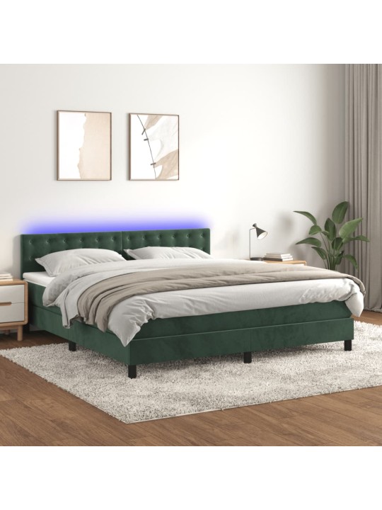 Box spring postel s matrací a led tmavě zelená 160x200 cm samet