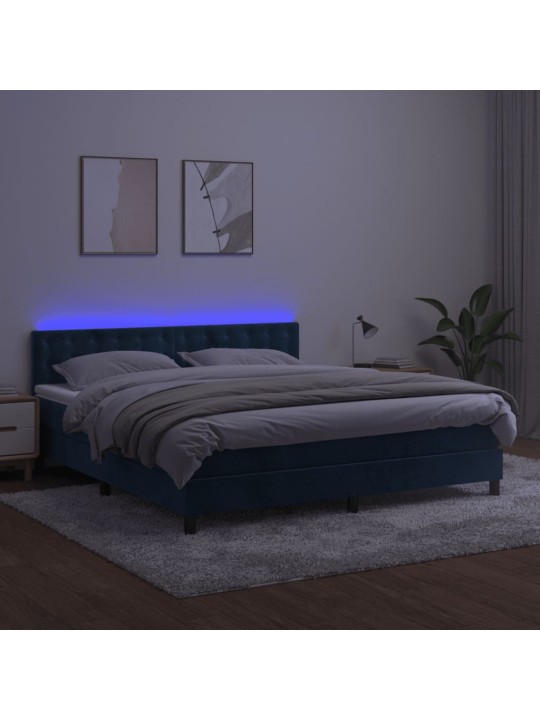 Box spring postel s matrací a led tmavě modrá 160x200 cm samet