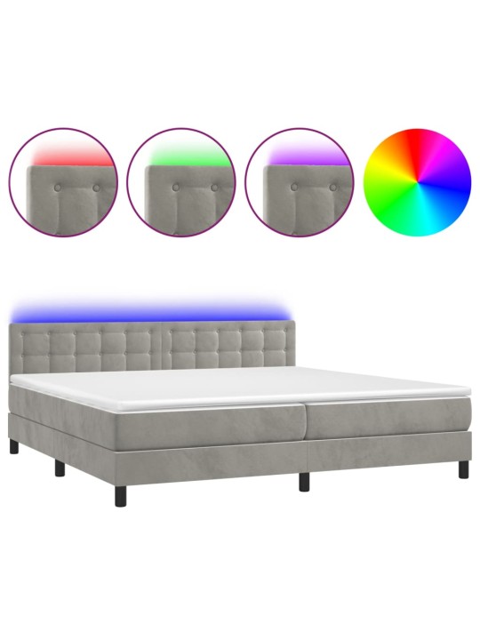 Box spring postel s matrací a LED světle šedá 200x200 cm samet