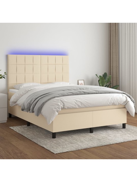 Box spring postel s matrací a LED krémová 140x200 cm textil