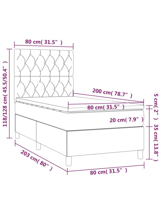 Box spring postel s matrací a led modrá 80 x 200 cm textil