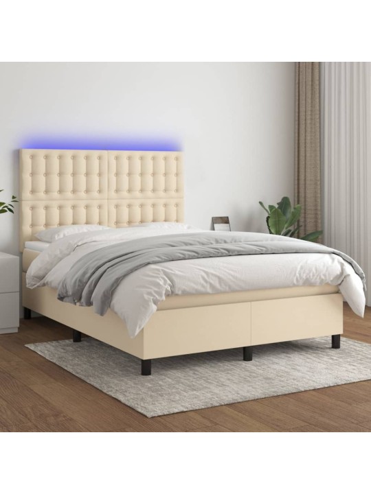Box spring postel s matrací a LED krémová 140x190 cm textil