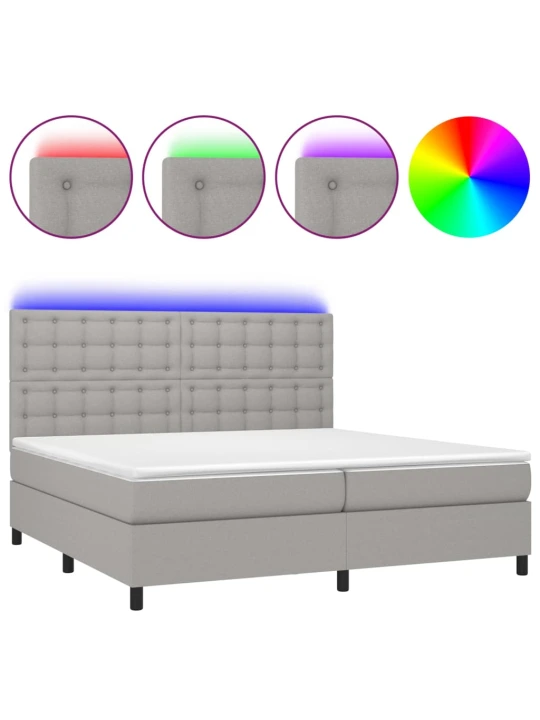 Box spring postel s matrací a LED světle šedá 200x200 cm textil