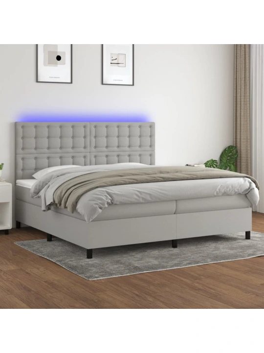 Box spring postel s matrací a LED světle šedá 200x200 cm textil