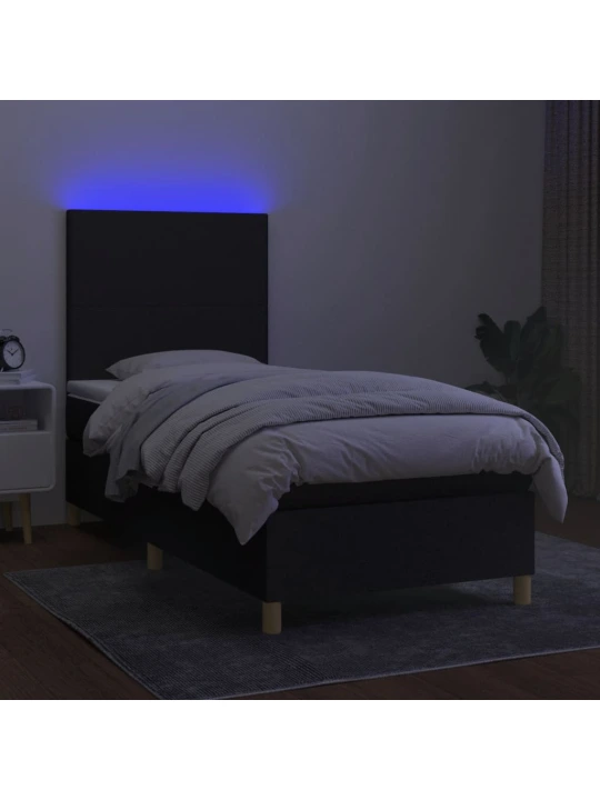 Box spring postel s matrací a LED černá 90x200 cm textil
