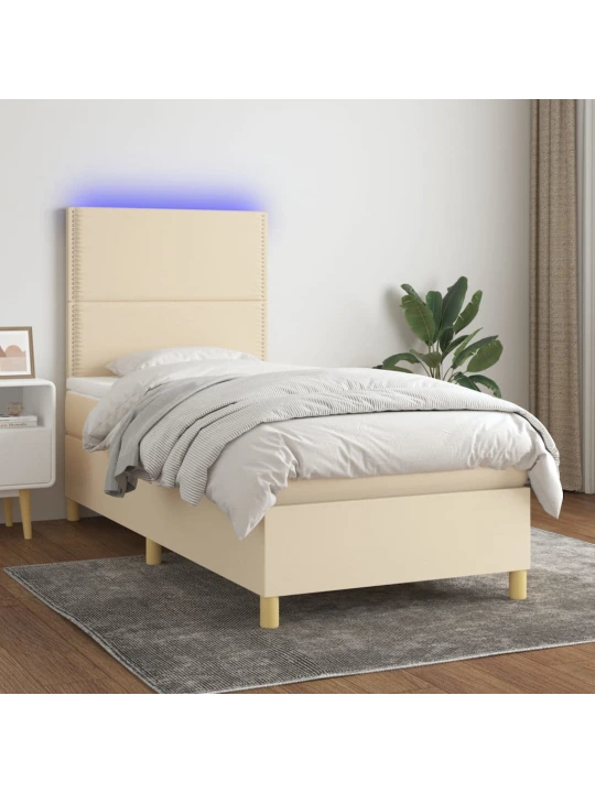 Box spring postel s matrací a LED krémová 90x200 cm textil