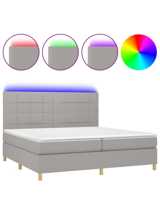 Box spring postel s matrací a LED světle šedá 200x200 cm textil