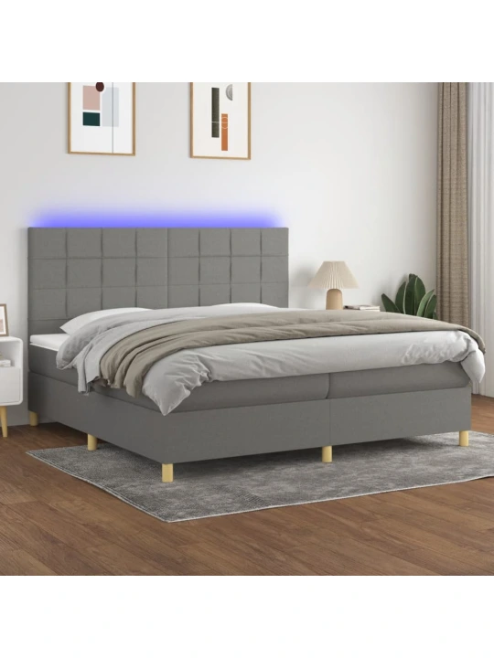 Box spring postel s matrací a LED tmavě šedá 200x200 cm textil