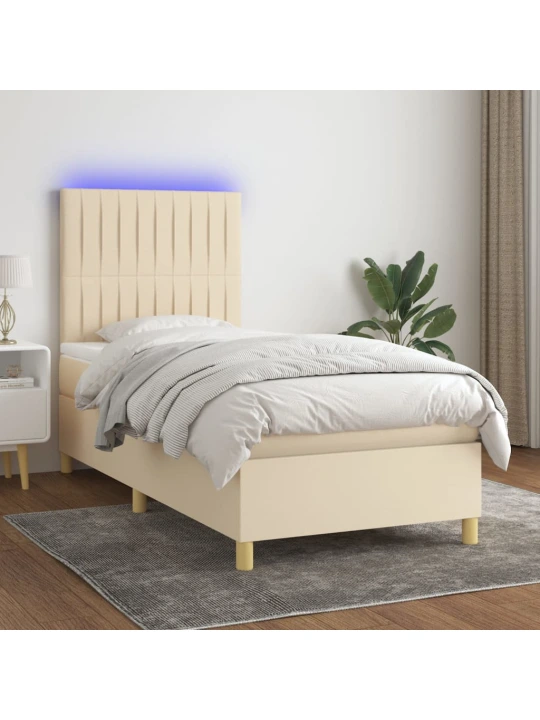 Box spring postel s matrací a LED krémová 90x200 cm textil