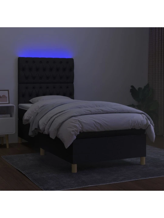 Box spring postel s matrací a LED černá 90x200 cm textil