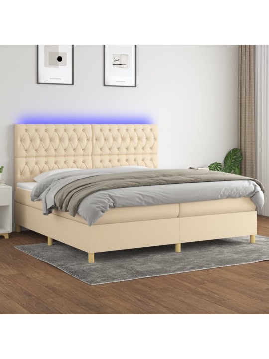 Box spring postel s matrací a LED krémová 200x200 cm textil