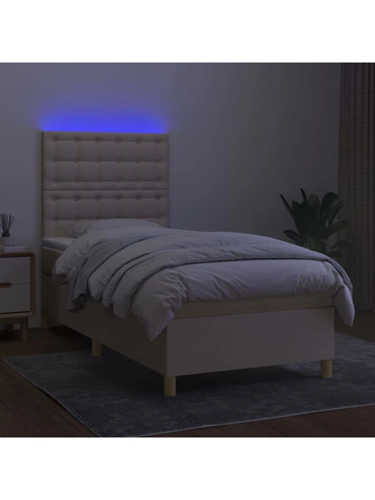 Box spring postel s matrací a LED krémová 90x190 cm textil
