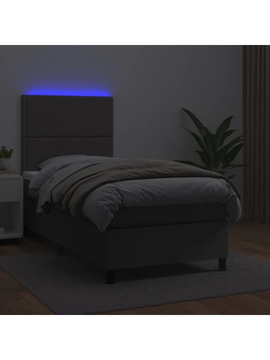 Box spring postel s matrací a LED šedá 90x190 cm umělá kůže