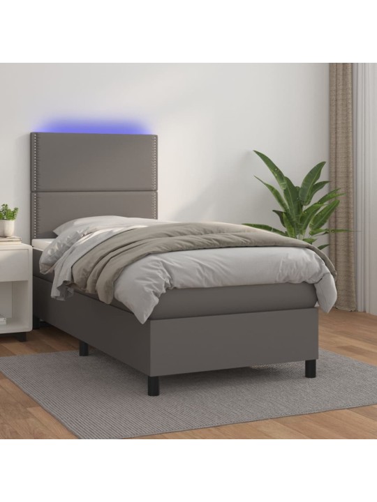 Box spring postel s matrací a LED šedá 90x190 cm umělá kůže