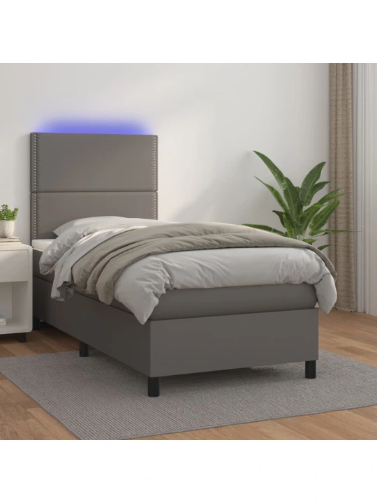 Box spring postel s matrací a LED šedá 90x190 cm umělá kůže