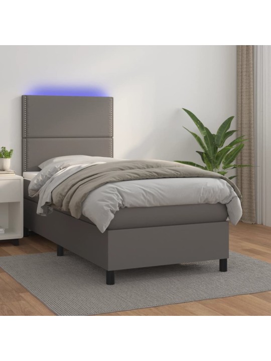 Box spring postel s matrací a LED šedá 90x200 cm umělá kůže