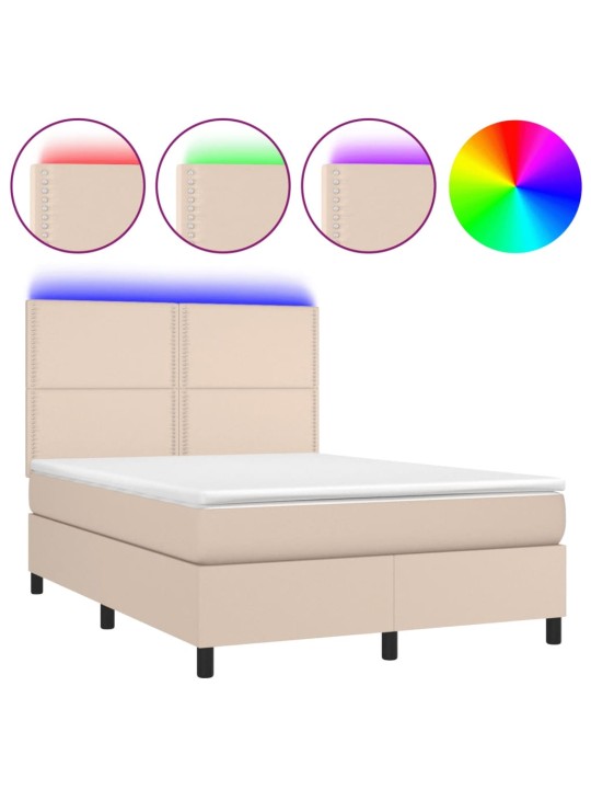 Box spring postel matrace a LED cappuccino 140x190cm umělá kůže