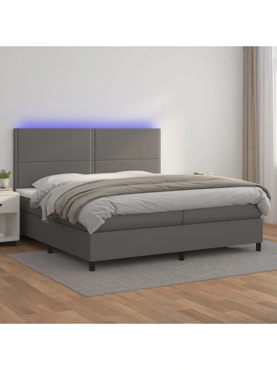 Box spring postel s matrací a LED šedá 200x200 cm umělá kůže