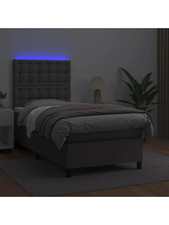 Box spring postel s matrací a LED šedá 90x190 cm umělá kůže