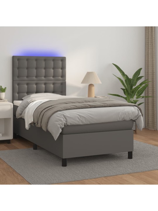 Box spring postel s matrací a LED šedá 90x200 cm umělá kůže