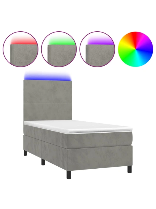 Box spring postel s matrací a LED světle šedá 80 x 200 cm samet