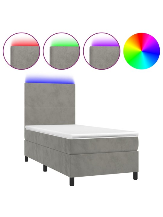 Box spring postel s matrací a LED světle šedá 100x200 cm samet
