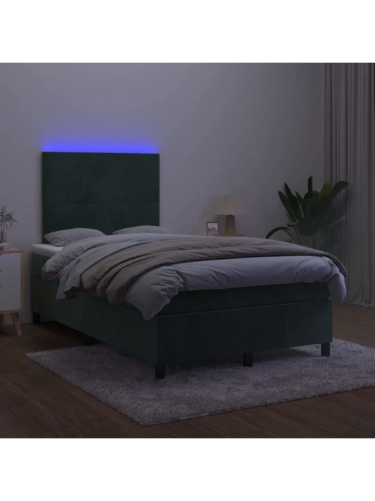 Box spring postel s matrací a led tmavě zelená 120x200 cm samet