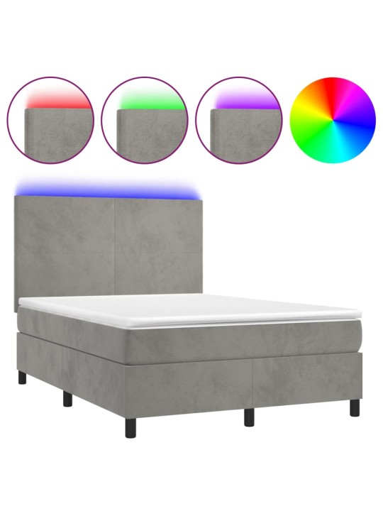 Box spring postel s matrací a LED světle šedá 140x190 cm samet