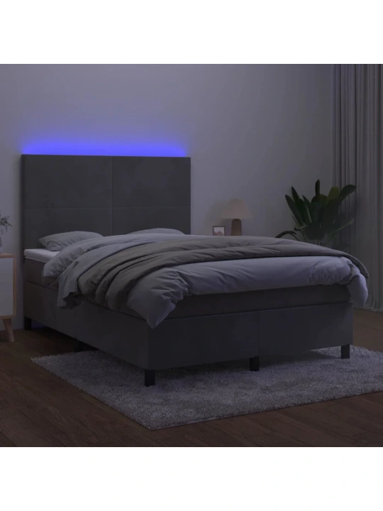 Box spring postel s matrací a LED světle šedá 140x190 cm samet