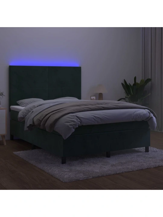 Box spring postel s matrací a led tmavě zelená 140x190 cm samet
