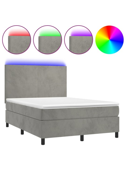 Box spring postel s matrací a LED světle šedá 140x200 cm samet